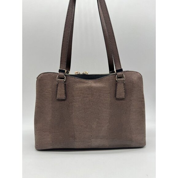 GUESS Lyndi Girlfriend croc embossed large satchel - Brown/Black - Picture 11 of 16